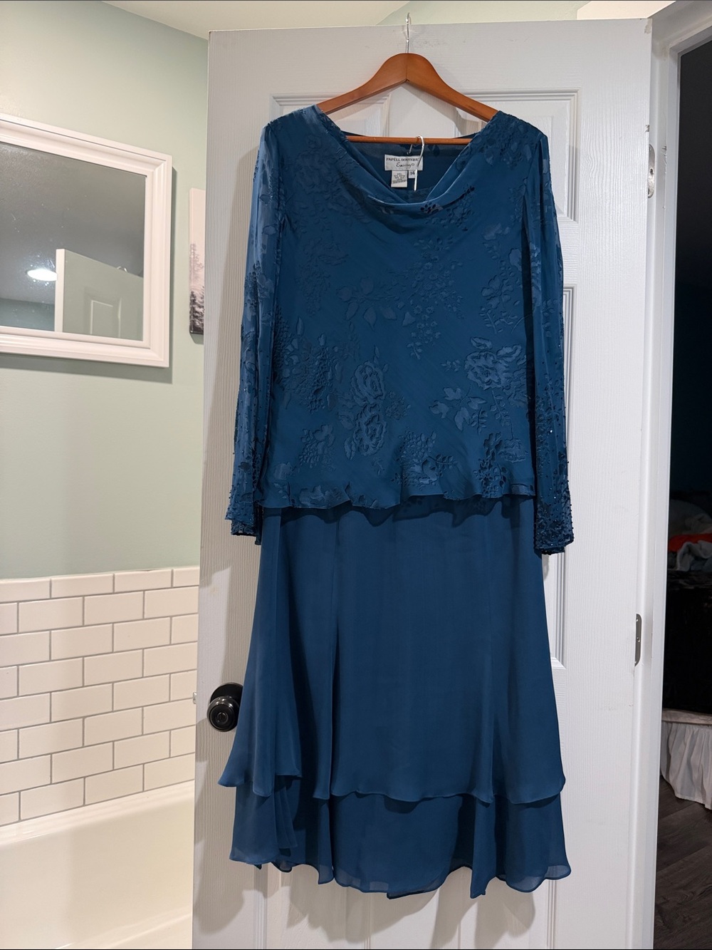 Adrianna Papell Teal Long Sleeve Layered Evening Dress